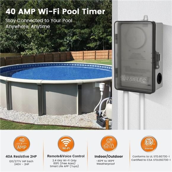 WiFi Pool Timer, Outdoor Indoor Smart Switch, 40 AMP, 2HP, 120, 240, 277 VAC - Picture 2 of 7